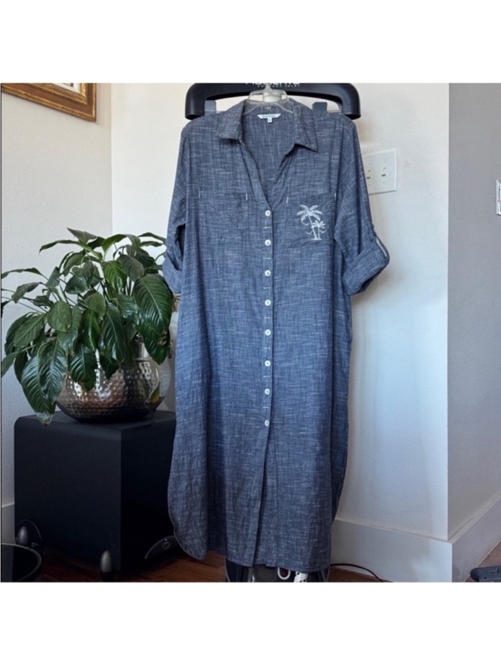 Blue Island Swim Coverup Shirt Maxi/Midi Dress Sz M Long Sleeve Button Front